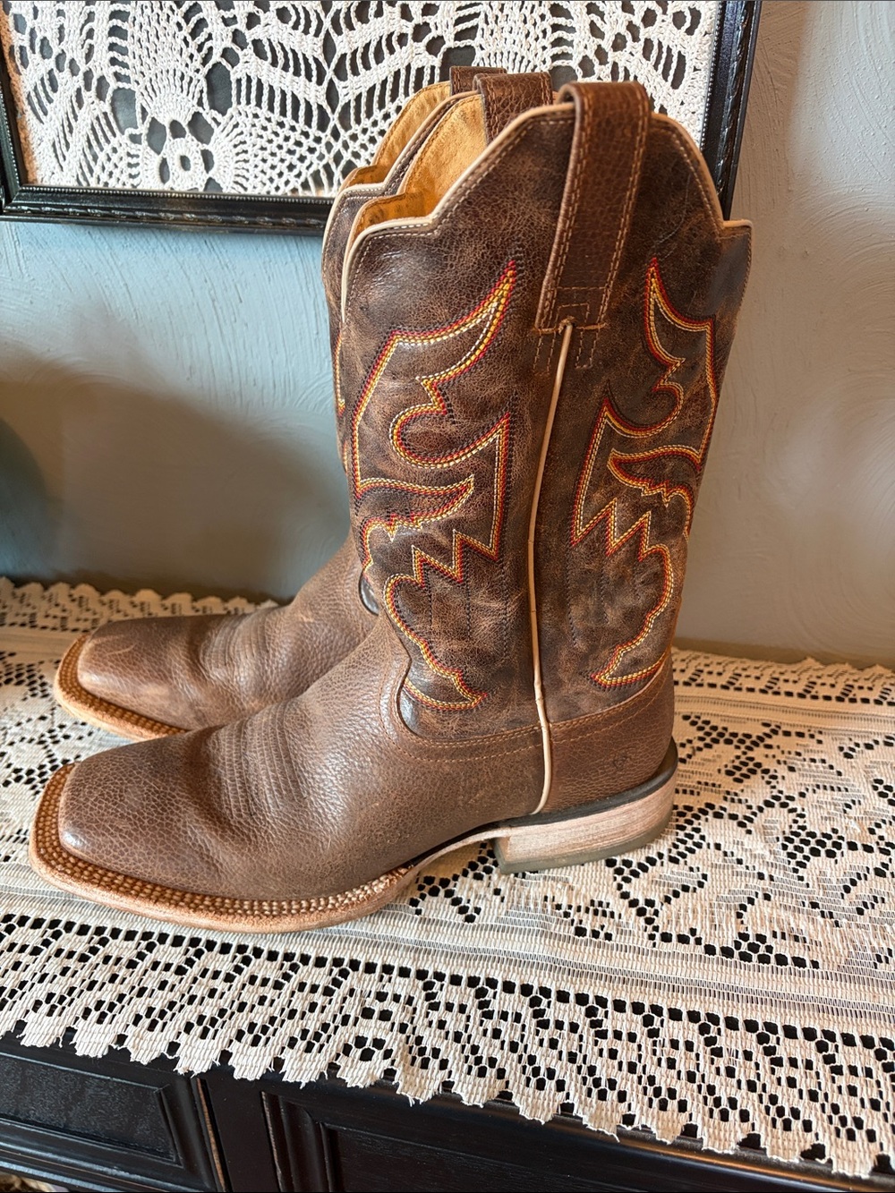 Ariat Brown Leather Western Cowboy Boots with Multicolor Stitching - Picture 4 of 7
